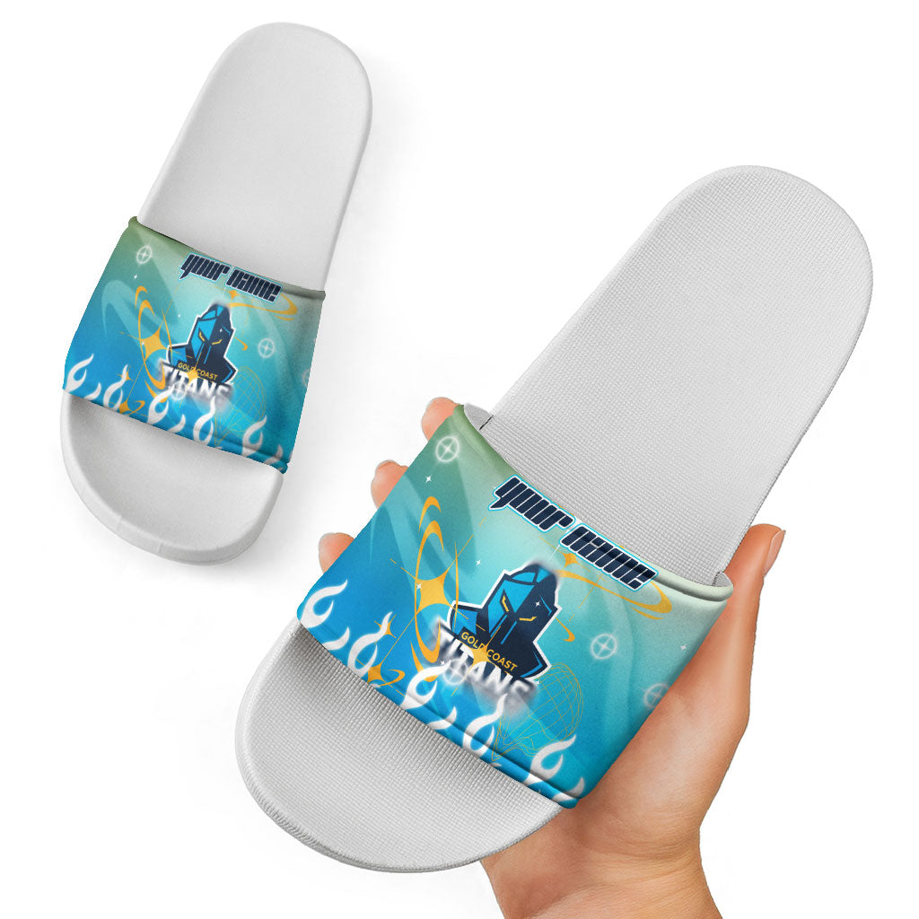Personalized Gold Coast Titans Slide Sandals Y2K Grunge Aesthetic With Cyber Flames and Starburst Graphics