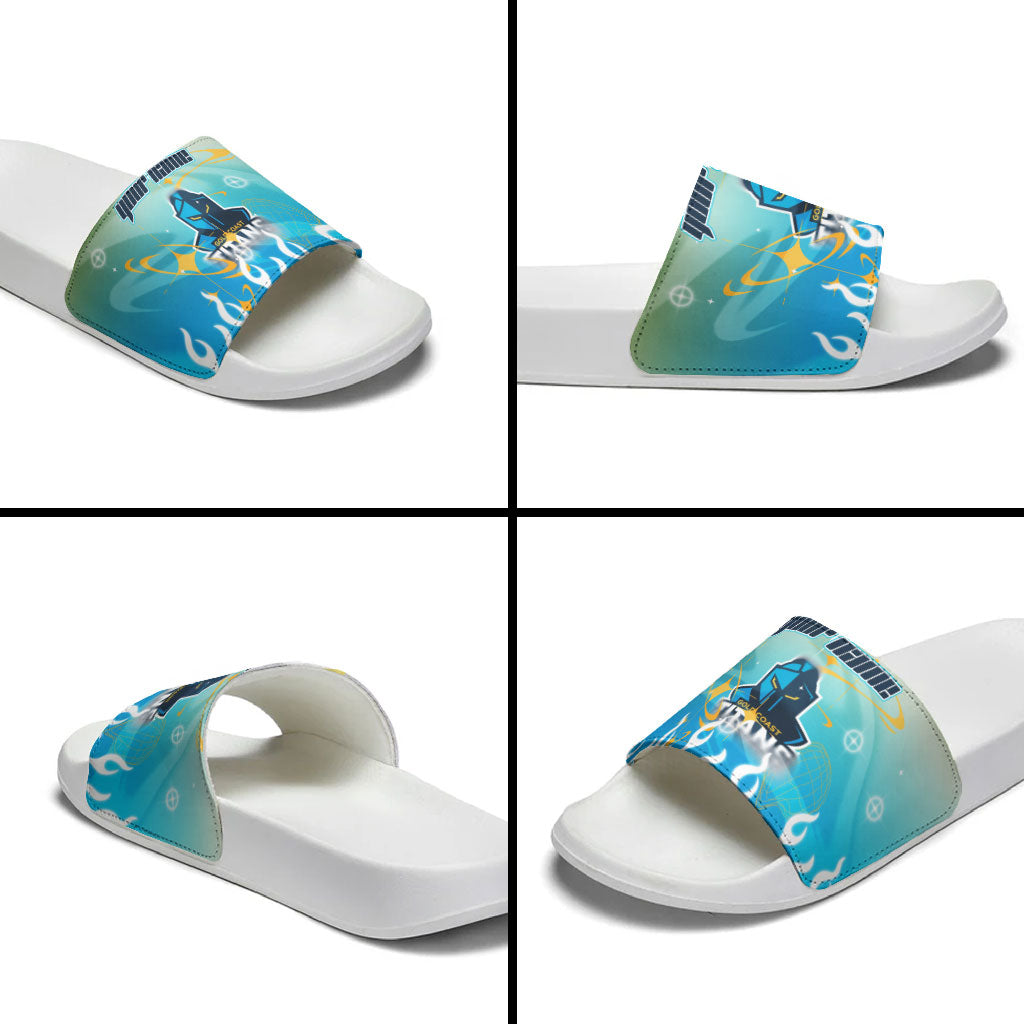 Personalized Gold Coast Titans Slide Sandals Y2K Grunge Aesthetic With Cyber Flames and Starburst Graphics