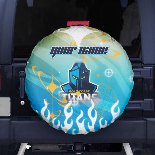 Personalized Gold Coast Titans Spare Tire Cover Y2K Grunge Aesthetic With Cyber Flames and Starburst Graphics
