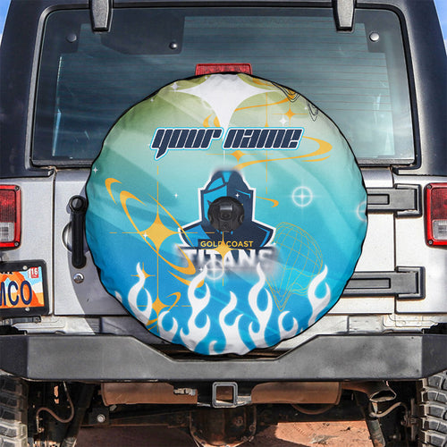 Personalized Gold Coast Titans Spare Tire Cover Y2K Grunge Aesthetic With Cyber Flames and Starburst Graphics