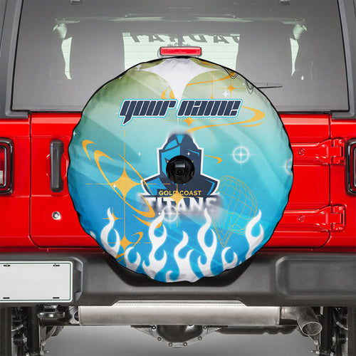 Personalized Gold Coast Titans Spare Tire Cover Y2K Grunge Aesthetic With Cyber Flames and Starburst Graphics