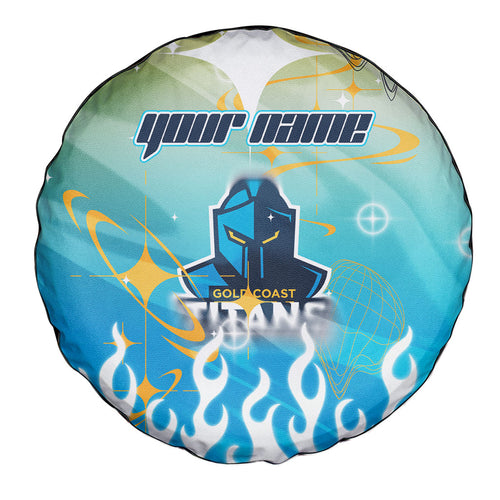 Personalized Gold Coast Titans Spare Tire Cover Y2K Grunge Aesthetic With Cyber Flames and Starburst Graphics