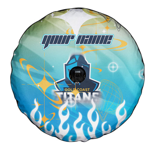 Personalized Gold Coast Titans Spare Tire Cover Y2K Grunge Aesthetic With Cyber Flames and Starburst Graphics