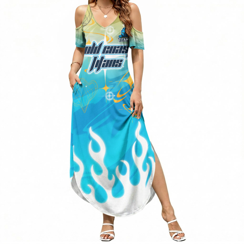 Personalized Gold Coast Titans Summer Maxi Dress Y2K Grunge Aesthetic With Cyber Flames and Starburst Graphics