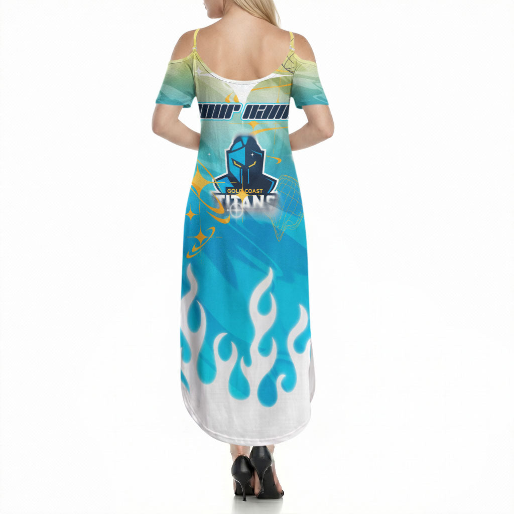 Personalized Gold Coast Titans Summer Maxi Dress Y2K Grunge Aesthetic With Cyber Flames and Starburst Graphics