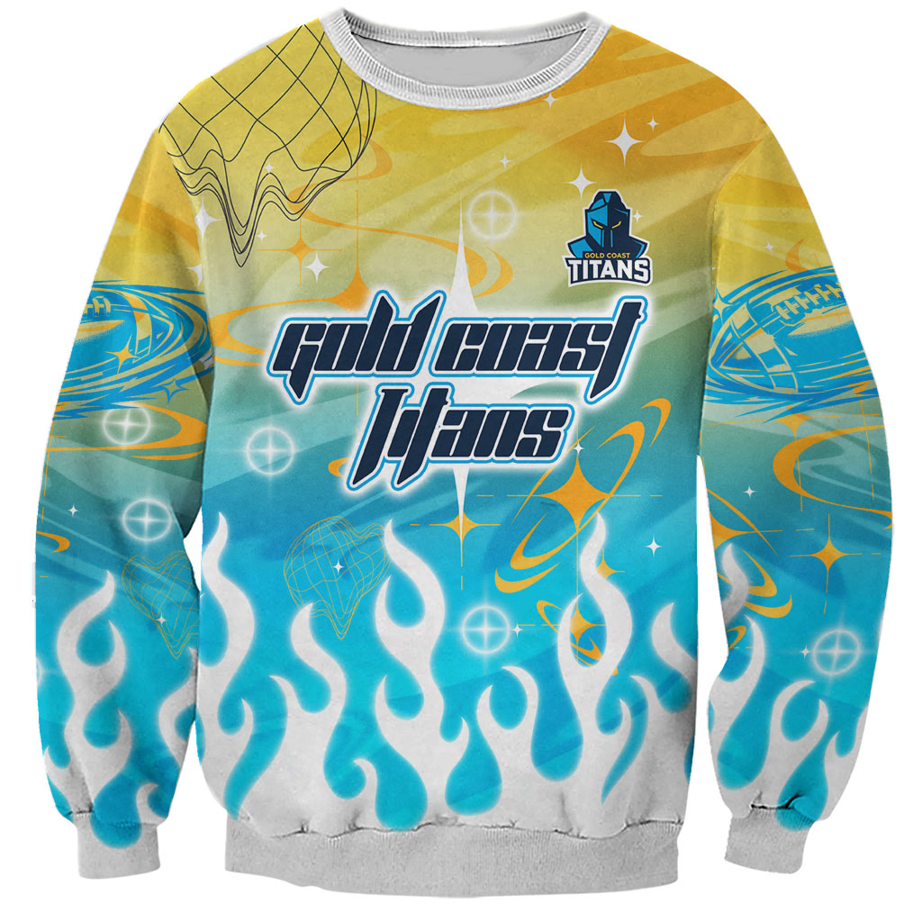 Personalized Gold Coast Titans Sweatshirt Y2K Grunge Aesthetic With Cyber Flames and Starburst Graphics