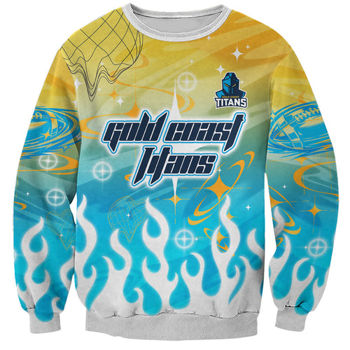 Personalized Gold Coast Titans Sweatshirt Y2K Grunge Aesthetic With Cyber Flames and Starburst Graphics