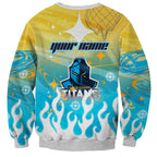 Personalized Gold Coast Titans Sweatshirt Y2K Grunge Aesthetic With Cyber Flames and Starburst Graphics