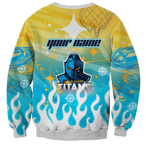 Personalized Gold Coast Titans Sweatshirt Y2K Grunge Aesthetic With Cyber Flames and Starburst Graphics