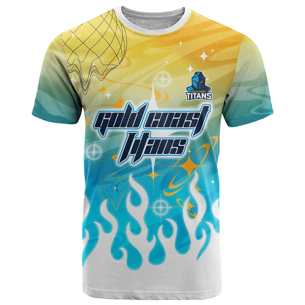 Personalized Gold Coast Titans T Shirt Y2K Grunge Aesthetic With Cyber Flames and Starburst Graphics
