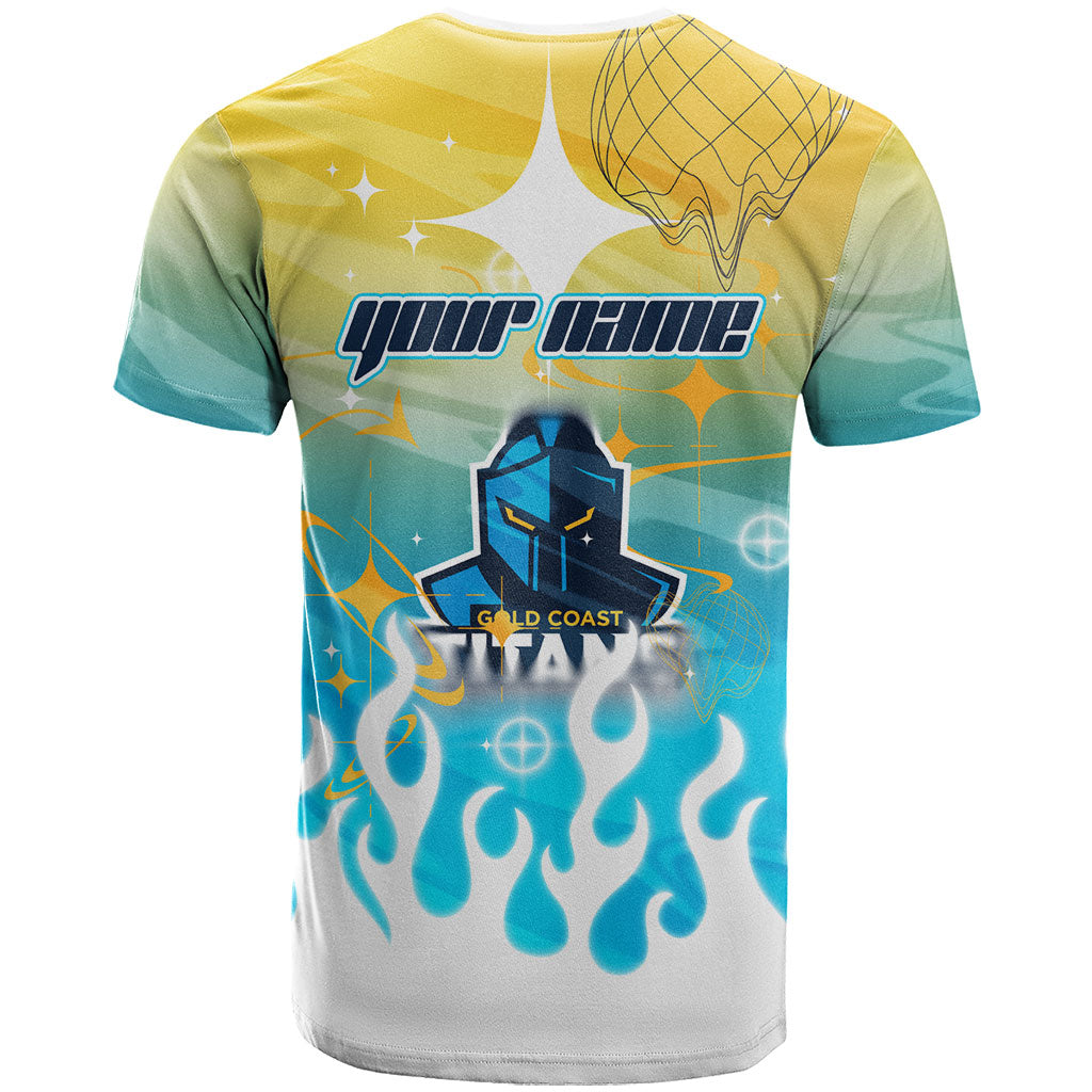 Personalized Gold Coast Titans T Shirt Y2K Grunge Aesthetic With Cyber Flames and Starburst Graphics