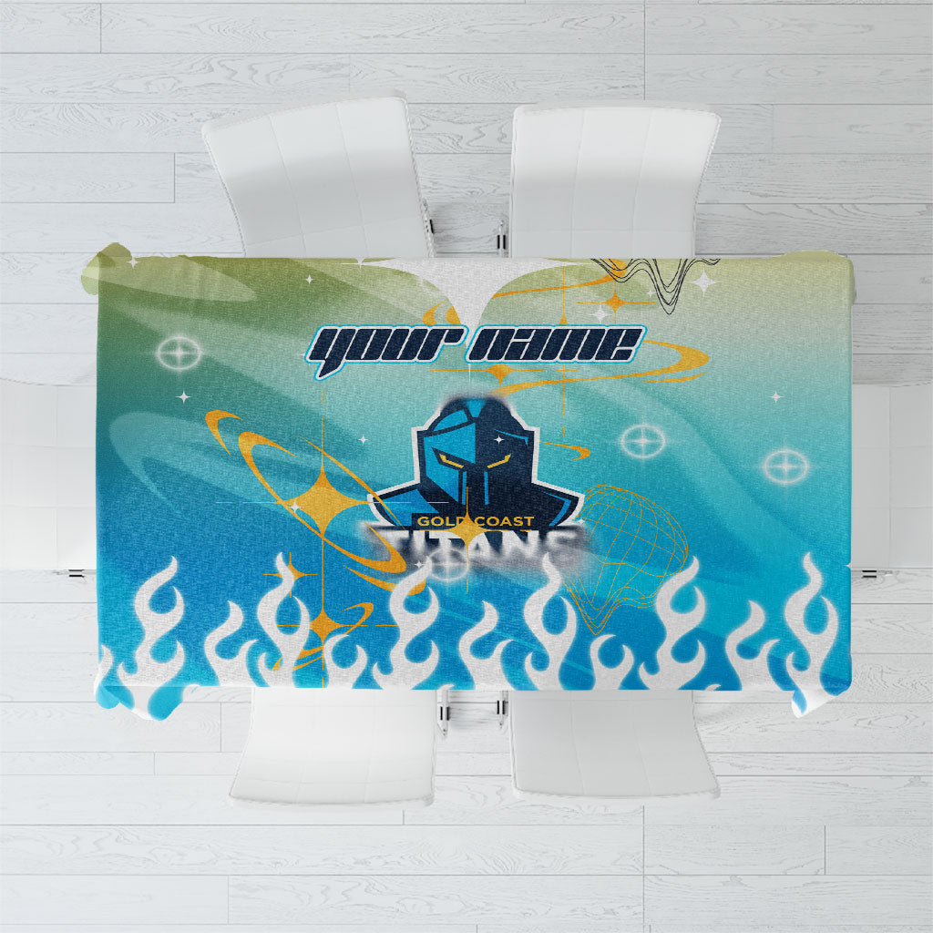 Personalized Gold Coast Titans Tablecloth Y2K Grunge Aesthetic With Cyber Flames and Starburst Graphics
