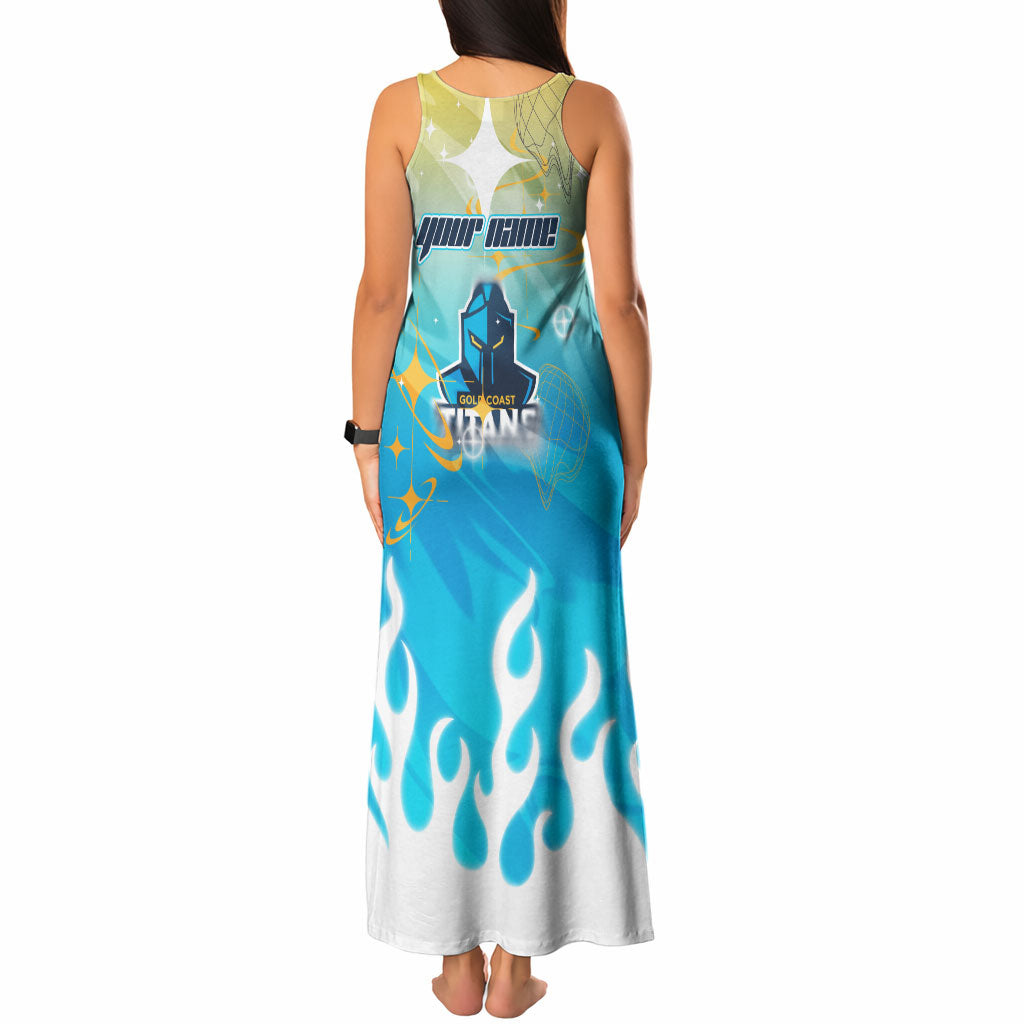 Personalized Gold Coast Titans Tank Maxi Dress Y2K Grunge Aesthetic With Cyber Flames and Starburst Graphics
