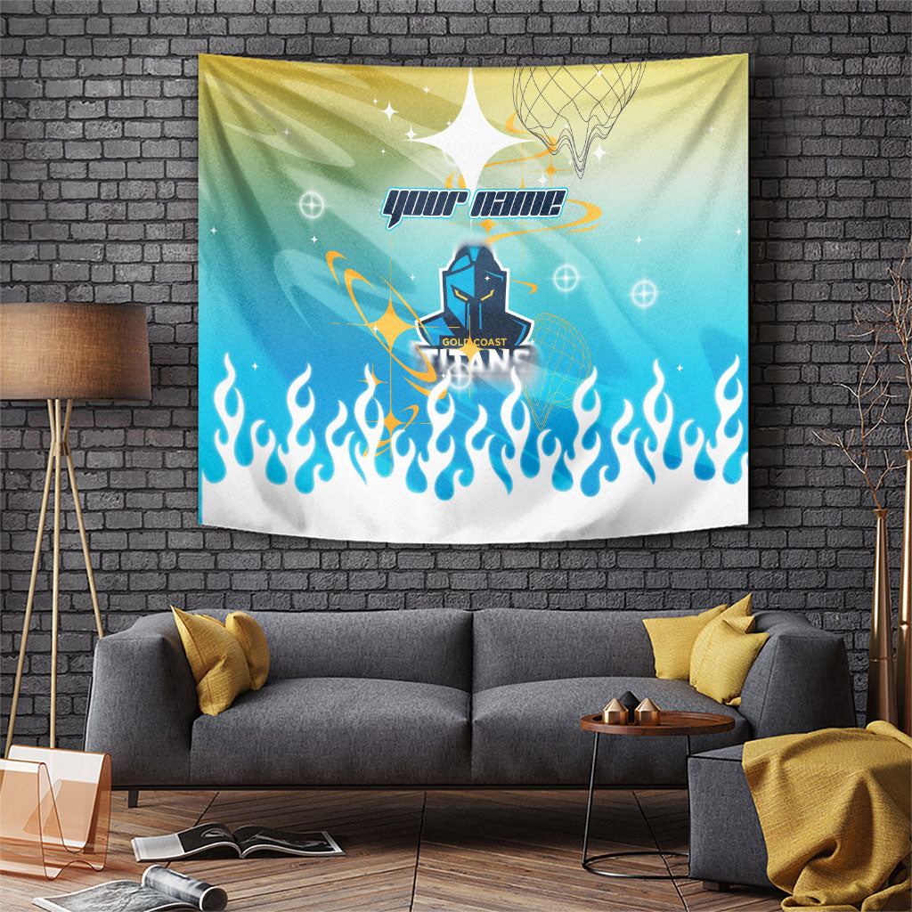 Personalized Gold Coast Titans Tapestry Y2K Grunge Aesthetic With Cyber Flames and Starburst Graphics