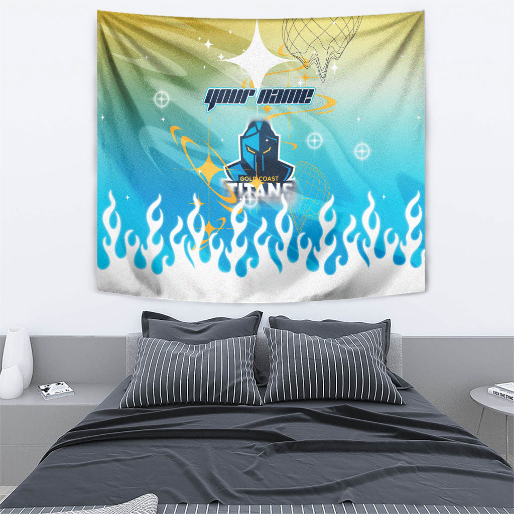 Personalized Gold Coast Titans Tapestry Y2K Grunge Aesthetic With Cyber Flames and Starburst Graphics