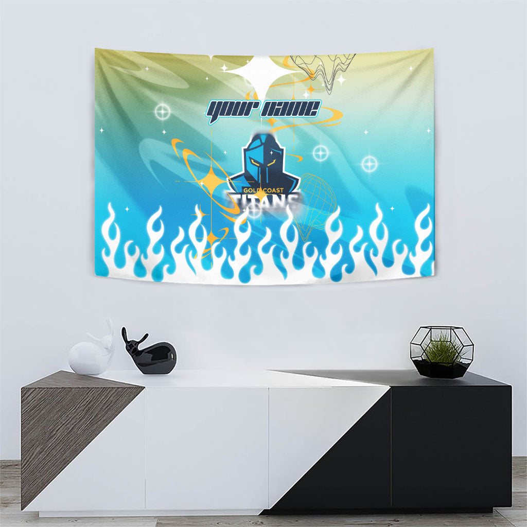 Personalized Gold Coast Titans Tapestry Y2K Grunge Aesthetic With Cyber Flames and Starburst Graphics