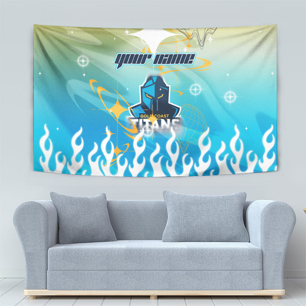 Personalized Gold Coast Titans Tapestry Y2K Grunge Aesthetic With Cyber Flames and Starburst Graphics
