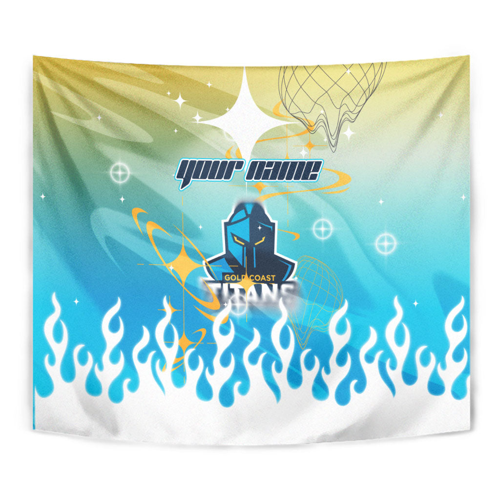 Personalized Gold Coast Titans Tapestry Y2K Grunge Aesthetic With Cyber Flames and Starburst Graphics