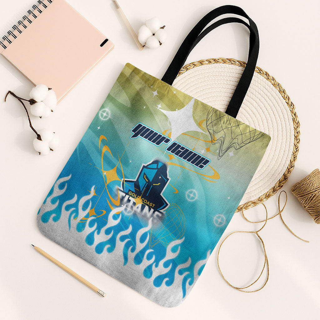 Personalized Gold Coast Titans Tote Bag Y2K Grunge Aesthetic With Cyber Flames and Starburst Graphics