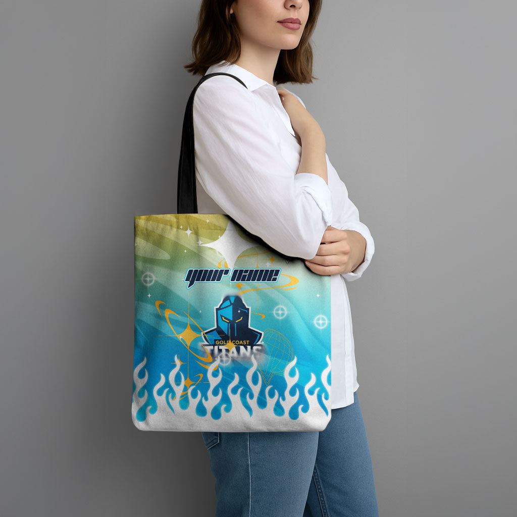 Personalized Gold Coast Titans Tote Bag Y2K Grunge Aesthetic With Cyber Flames and Starburst Graphics