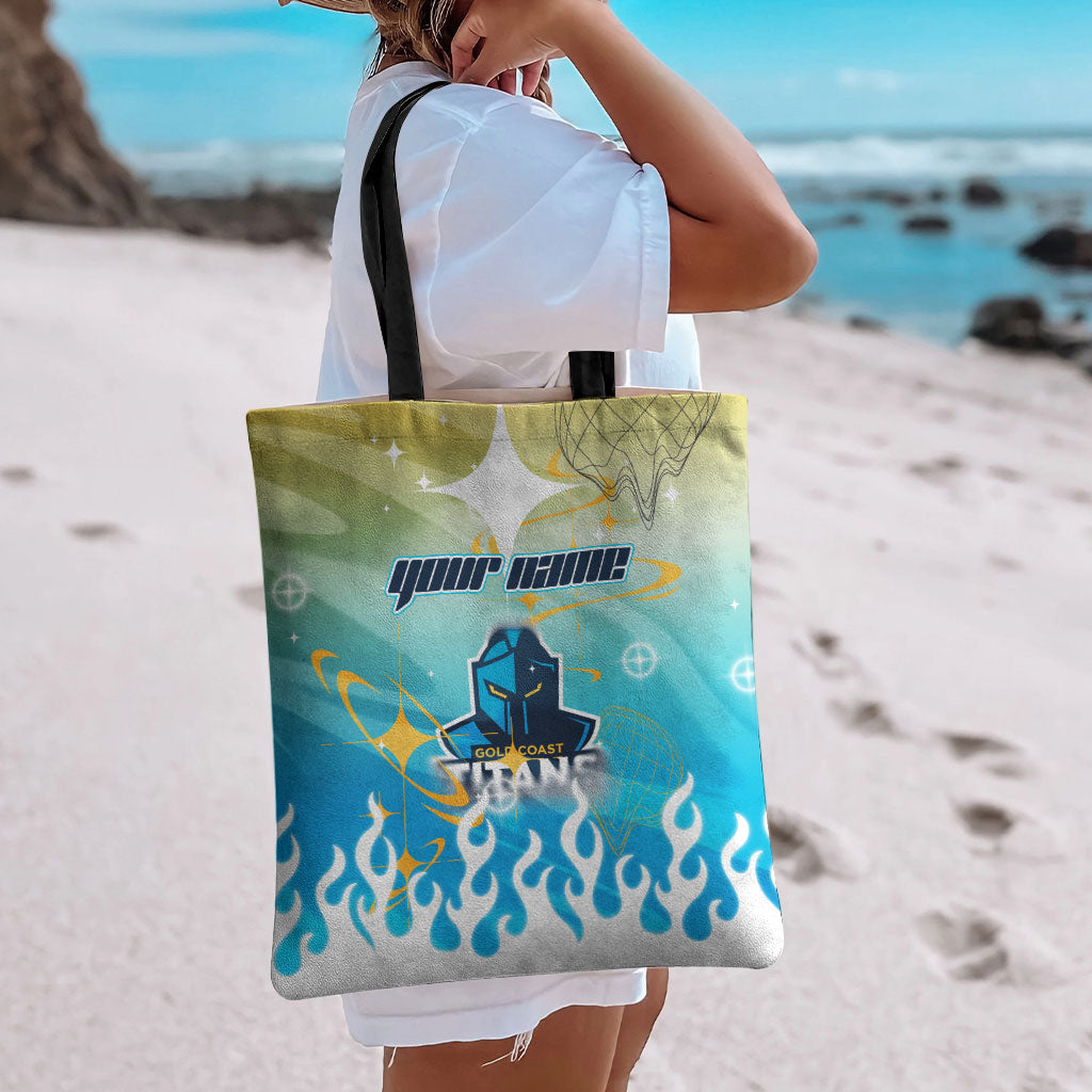Personalized Gold Coast Titans Tote Bag Y2K Grunge Aesthetic With Cyber Flames and Starburst Graphics