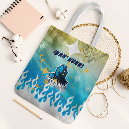 Personalized Gold Coast Titans Tote Bag Y2K Grunge Aesthetic With Cyber Flames and Starburst Graphics
