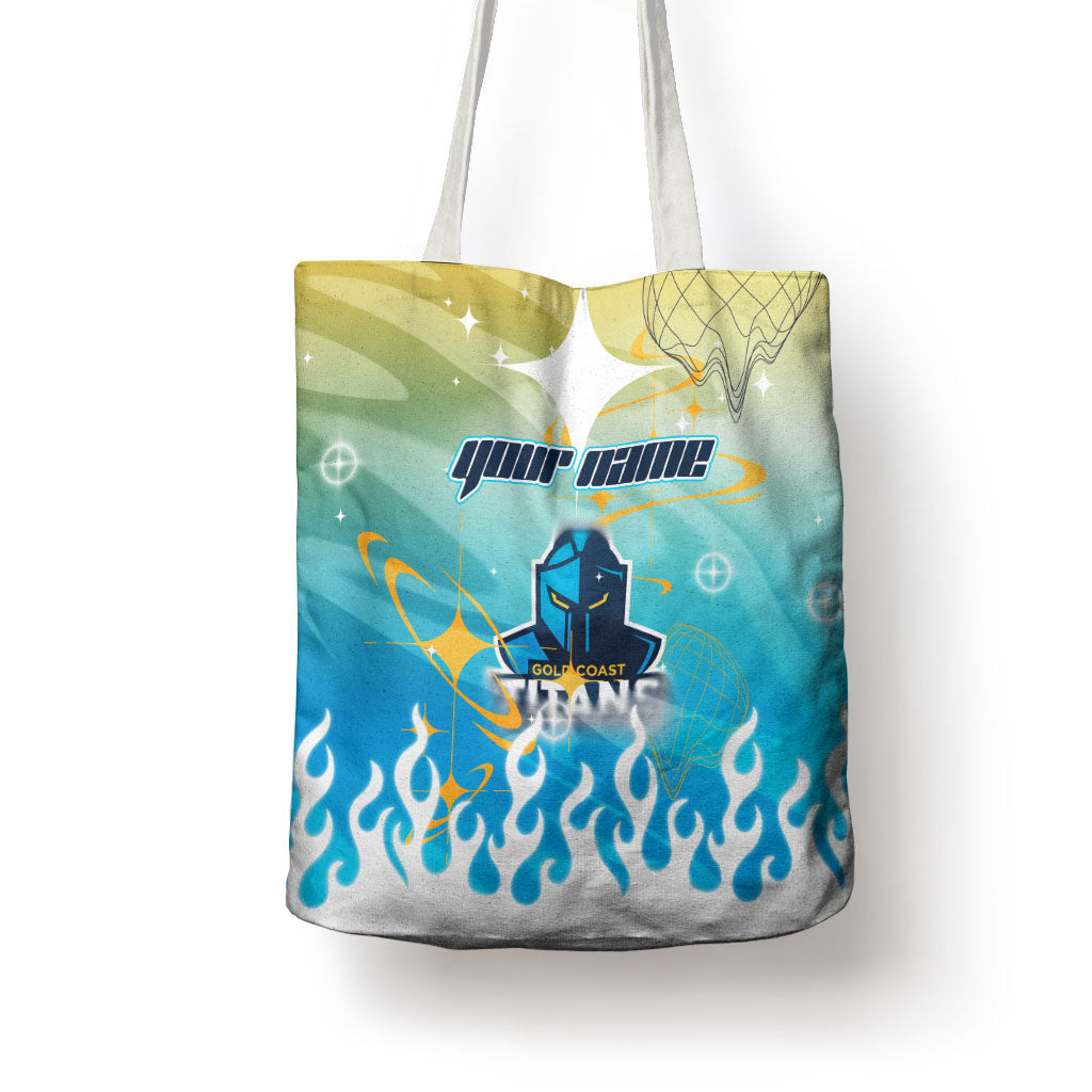 Personalized Gold Coast Titans Tote Bag Y2K Grunge Aesthetic With Cyber Flames and Starburst Graphics