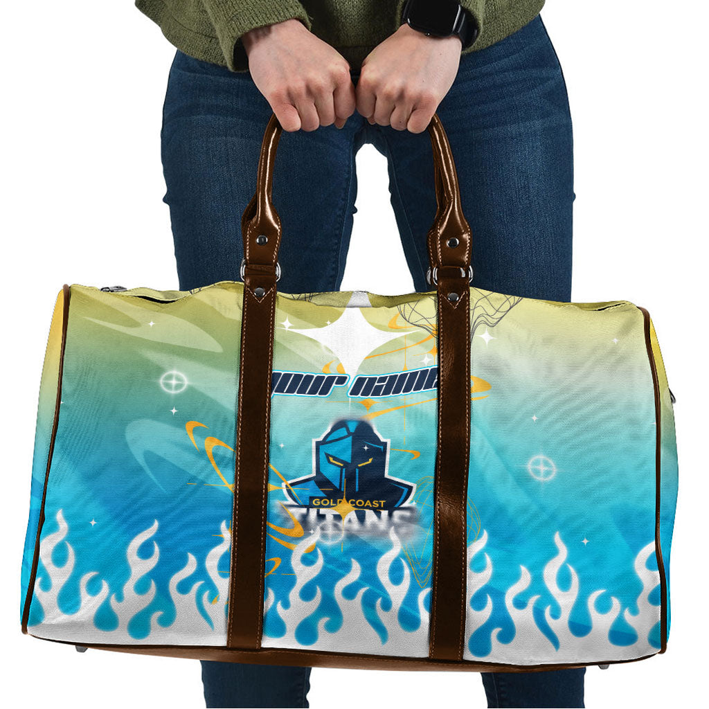 Personalized Gold Coast Titans Travel Bag Y2K Grunge Aesthetic With Cyber Flames and Starburst Graphics