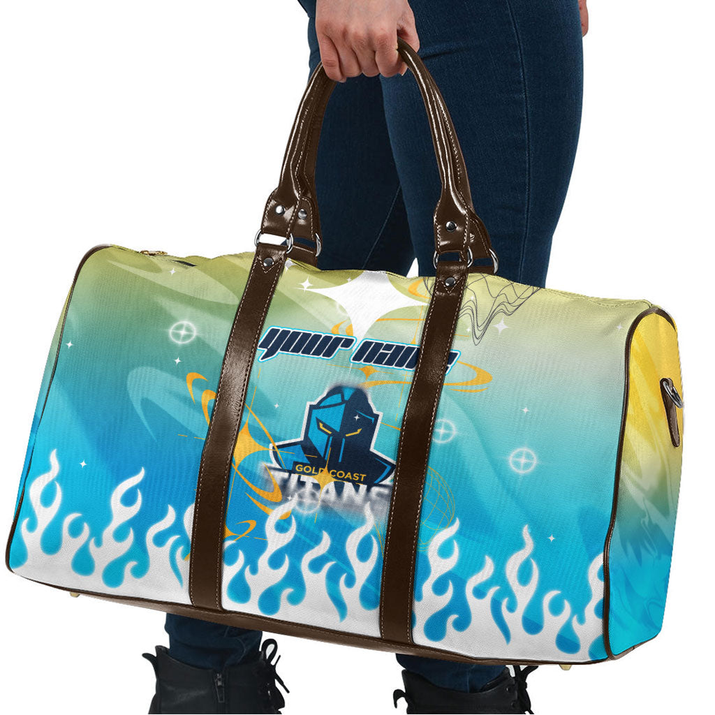 Personalized Gold Coast Titans Travel Bag Y2K Grunge Aesthetic With Cyber Flames and Starburst Graphics