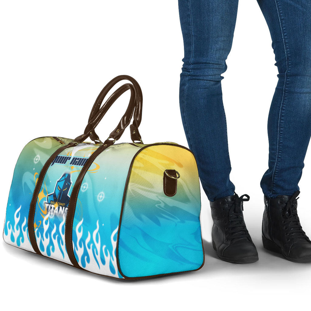 Personalized Gold Coast Titans Travel Bag Y2K Grunge Aesthetic With Cyber Flames and Starburst Graphics
