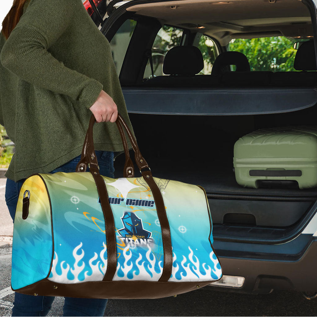 Personalized Gold Coast Titans Travel Bag Y2K Grunge Aesthetic With Cyber Flames and Starburst Graphics