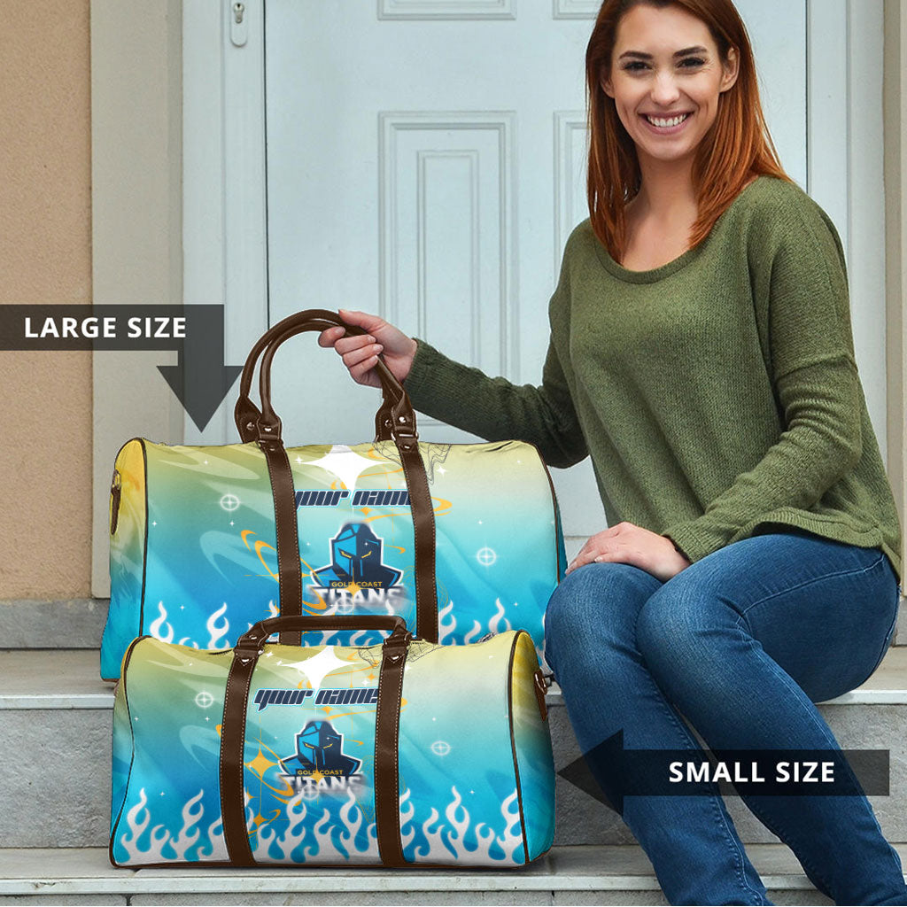 Personalized Gold Coast Titans Travel Bag Y2K Grunge Aesthetic With Cyber Flames and Starburst Graphics