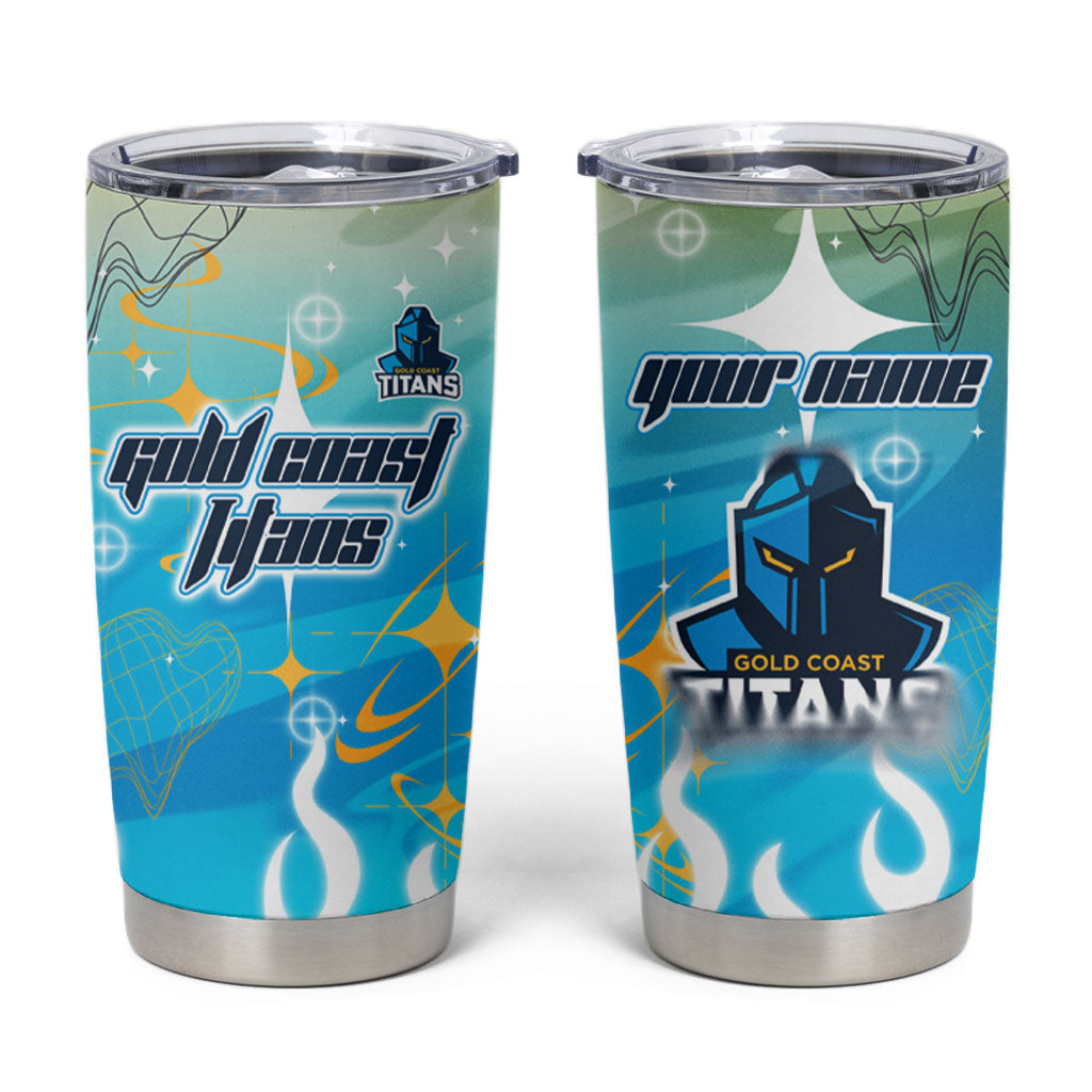 Personalized Gold Coast Titans Tumbler Cup Y2K Grunge Aesthetic With Cyber Flames and Starburst Graphics