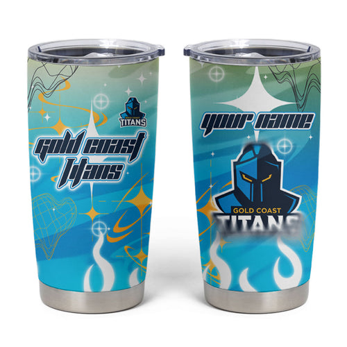 Personalized Gold Coast Titans Tumbler Cup Y2K Grunge Aesthetic With Cyber Flames and Starburst Graphics