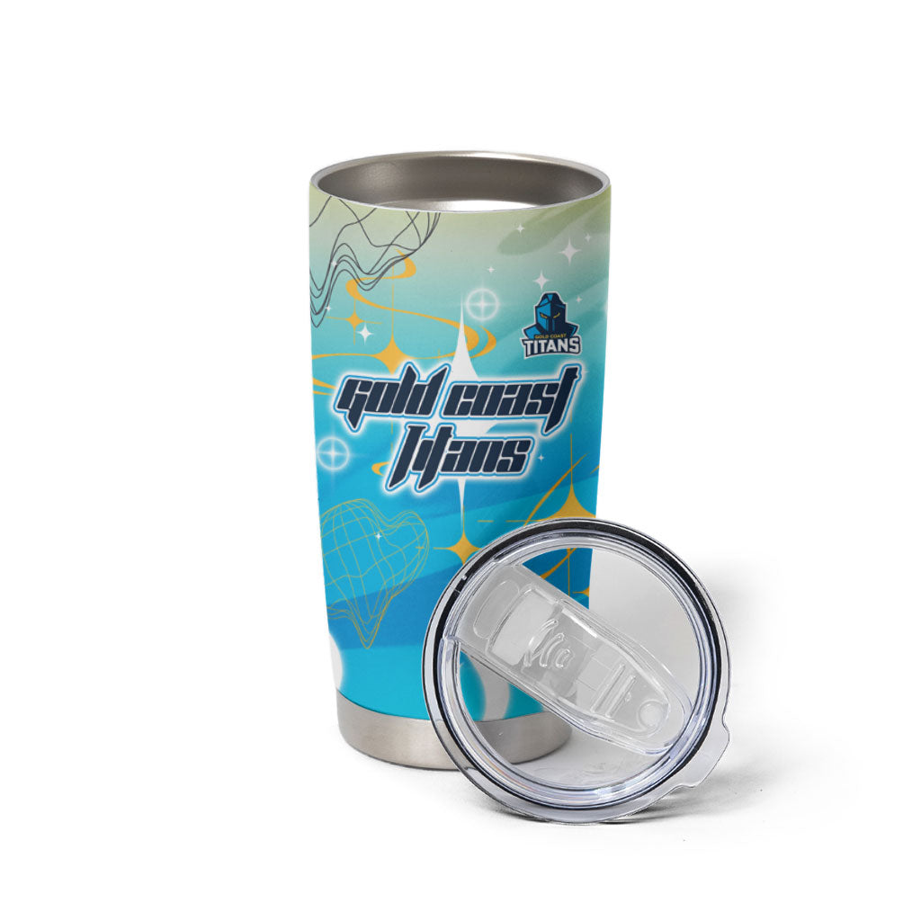 Personalized Gold Coast Titans Tumbler Cup Y2K Grunge Aesthetic With Cyber Flames and Starburst Graphics