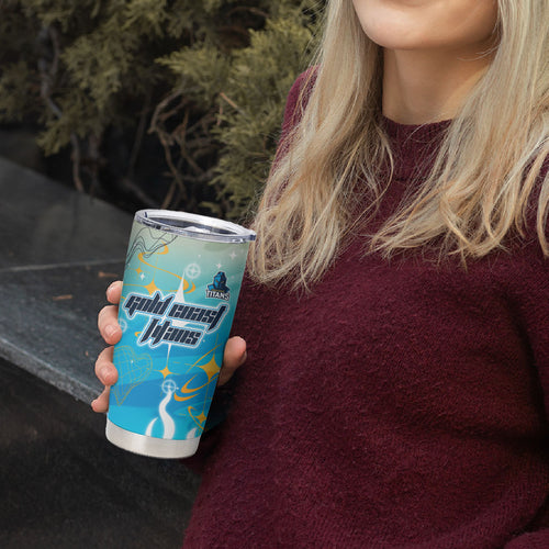 Personalized Gold Coast Titans Tumbler Cup Y2K Grunge Aesthetic With Cyber Flames and Starburst Graphics