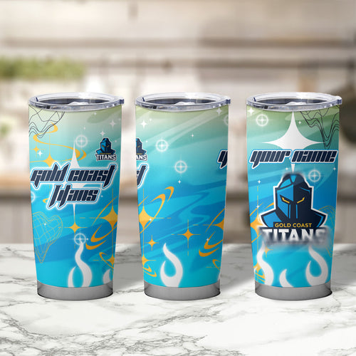 Personalized Gold Coast Titans Tumbler Cup Y2K Grunge Aesthetic With Cyber Flames and Starburst Graphics