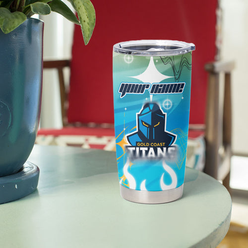 Personalized Gold Coast Titans Tumbler Cup Y2K Grunge Aesthetic With Cyber Flames and Starburst Graphics
