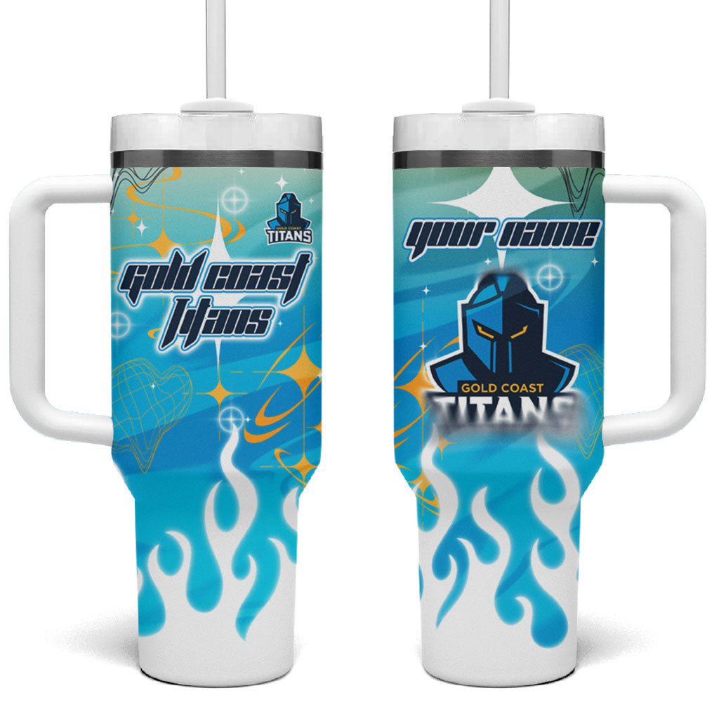 Personalized Gold Coast Titans Tumbler With Handle Y2K Grunge Aesthetic With Cyber Flames and Starburst Graphics