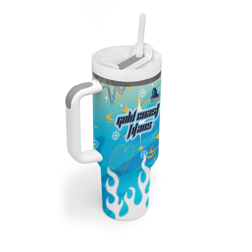 Personalized Gold Coast Titans Tumbler With Handle Y2K Grunge Aesthetic With Cyber Flames and Starburst Graphics