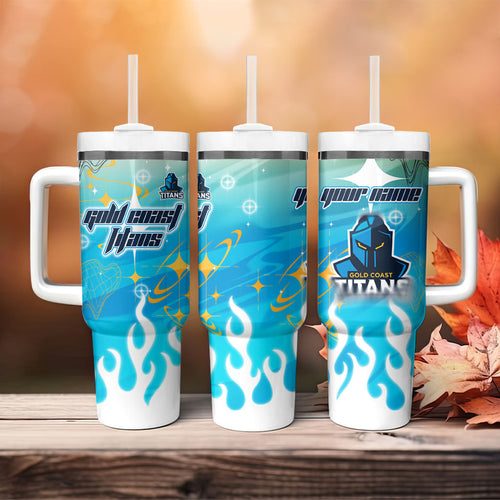 Personalized Gold Coast Titans Tumbler With Handle Y2K Grunge Aesthetic With Cyber Flames and Starburst Graphics