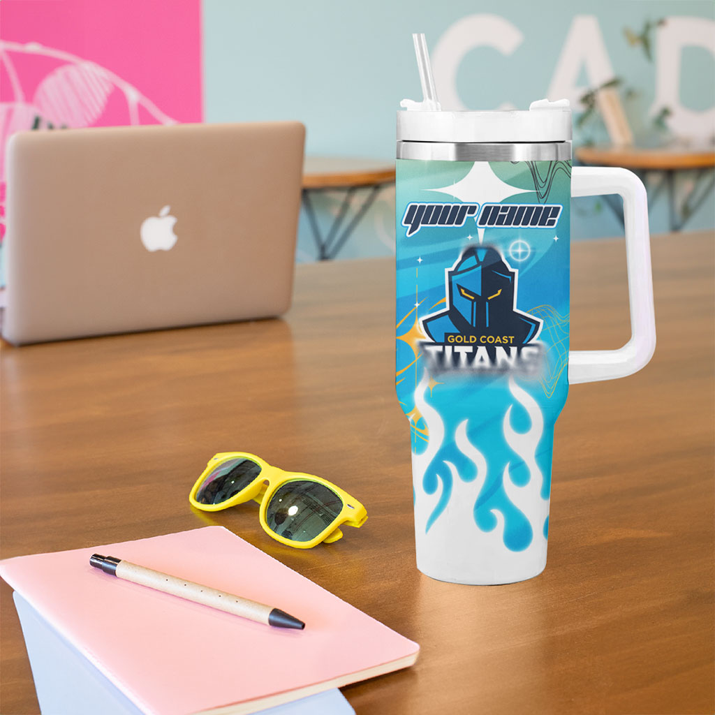 Personalized Gold Coast Titans Tumbler With Handle Y2K Grunge Aesthetic With Cyber Flames and Starburst Graphics