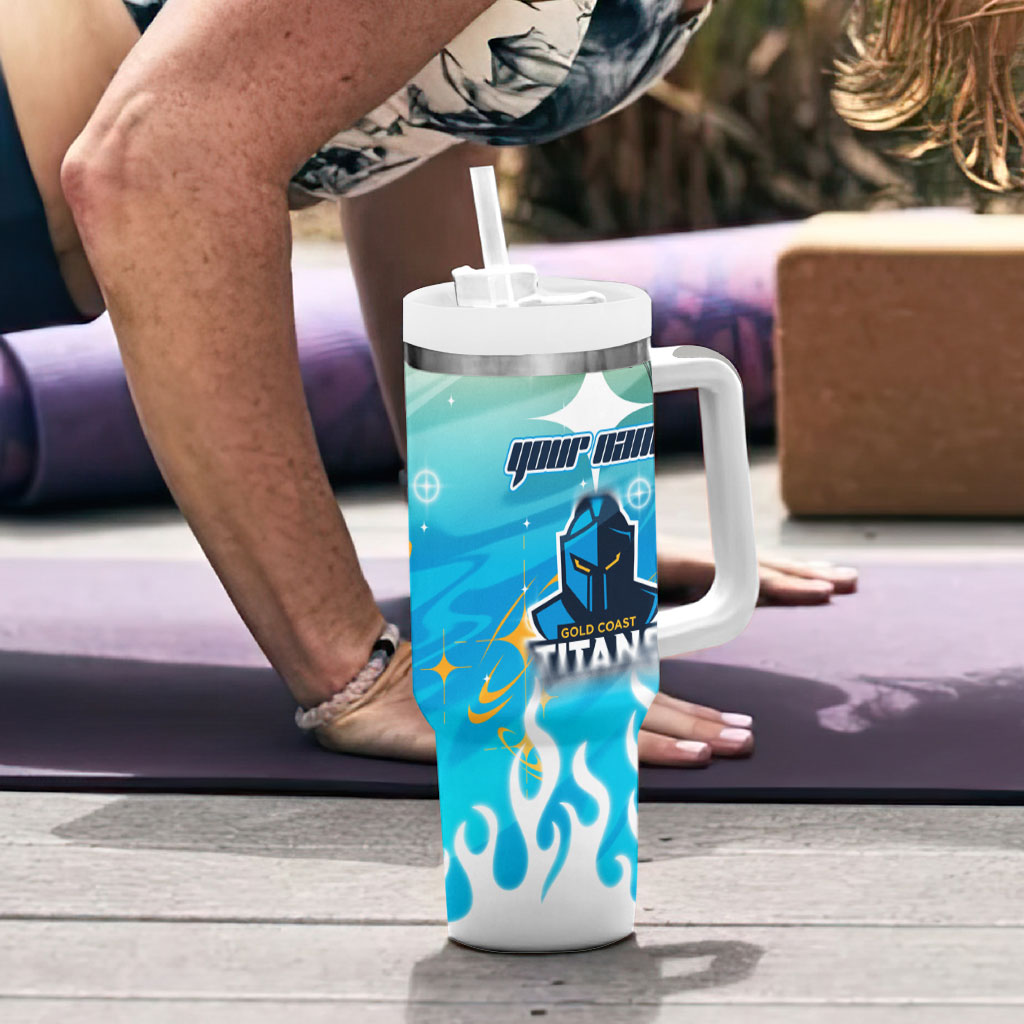 Personalized Gold Coast Titans Tumbler With Handle Y2K Grunge Aesthetic With Cyber Flames and Starburst Graphics