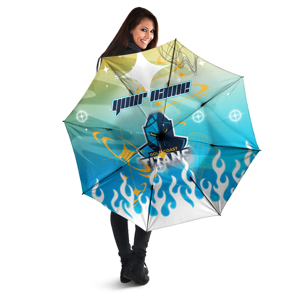 Personalized Gold Coast Titans Umbrella Y2K Grunge Aesthetic With Cyber Flames and Starburst Graphics