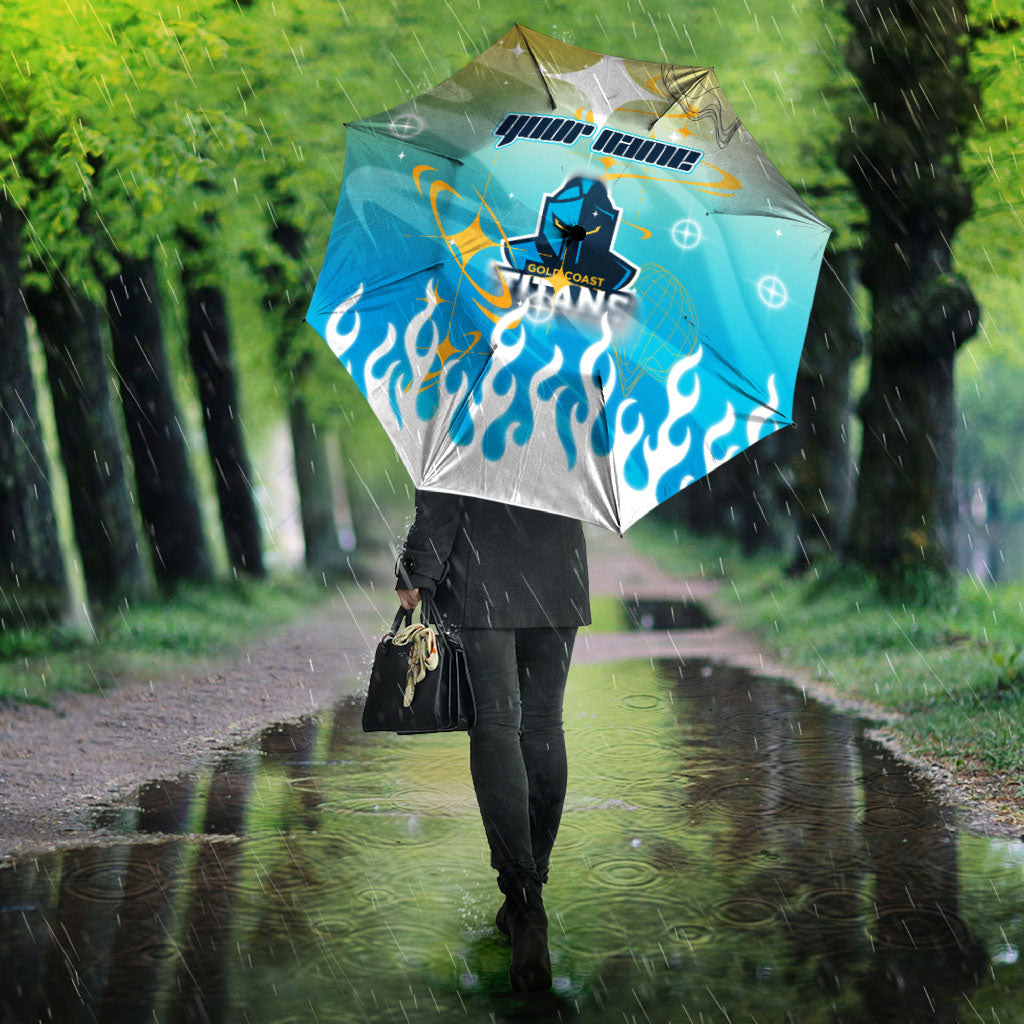 Personalized Gold Coast Titans Umbrella Y2K Grunge Aesthetic With Cyber Flames and Starburst Graphics