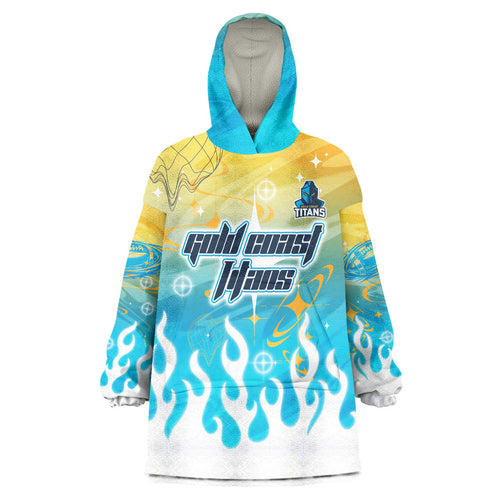 Personalized Gold Coast Titans Wearable Blanket Hoodie Y2K Grunge Aesthetic With Cyber Flames and Starburst Graphics