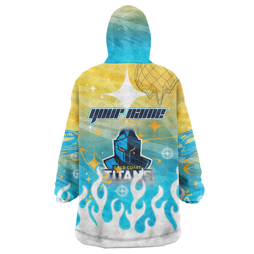 Personalized Gold Coast Titans Wearable Blanket Hoodie Y2K Grunge Aesthetic With Cyber Flames and Starburst Graphics