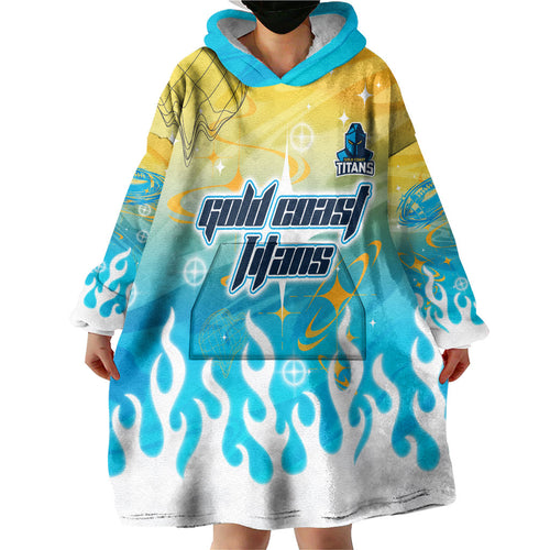 Personalized Gold Coast Titans Wearable Blanket Hoodie Y2K Grunge Aesthetic With Cyber Flames and Starburst Graphics