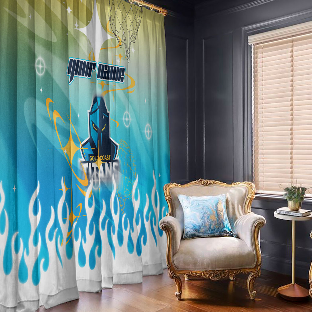 Personalized Gold Coast Titans Window Curtain Y2K Grunge Aesthetic With Cyber Flames and Starburst Graphics