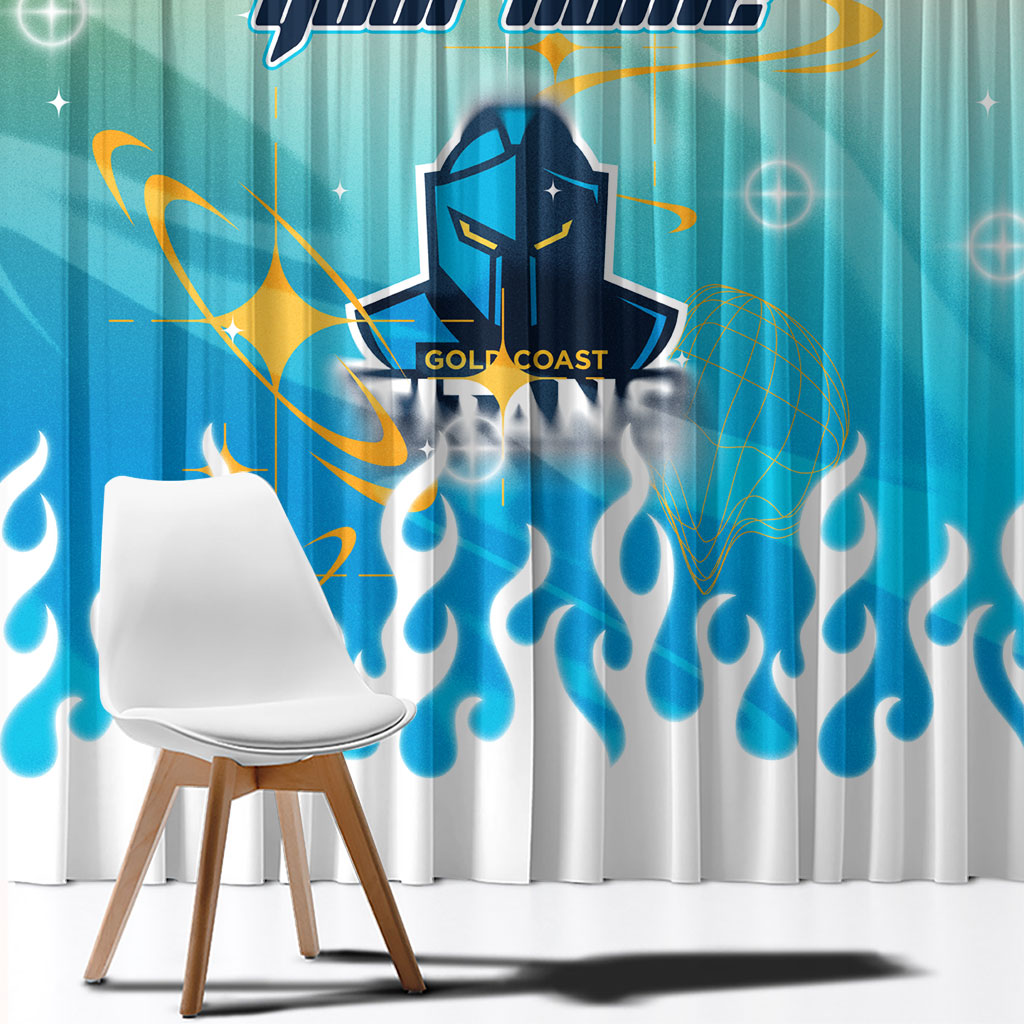 Personalized Gold Coast Titans Window Curtain Y2K Grunge Aesthetic With Cyber Flames and Starburst Graphics